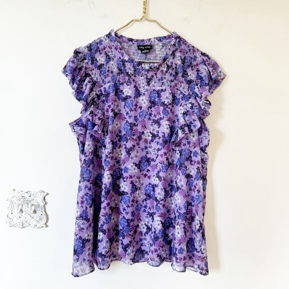 City Chic Bella Purple Floral Smocked Ruffle Sleeveless Blouse M / 18 - Picture 3 of 10